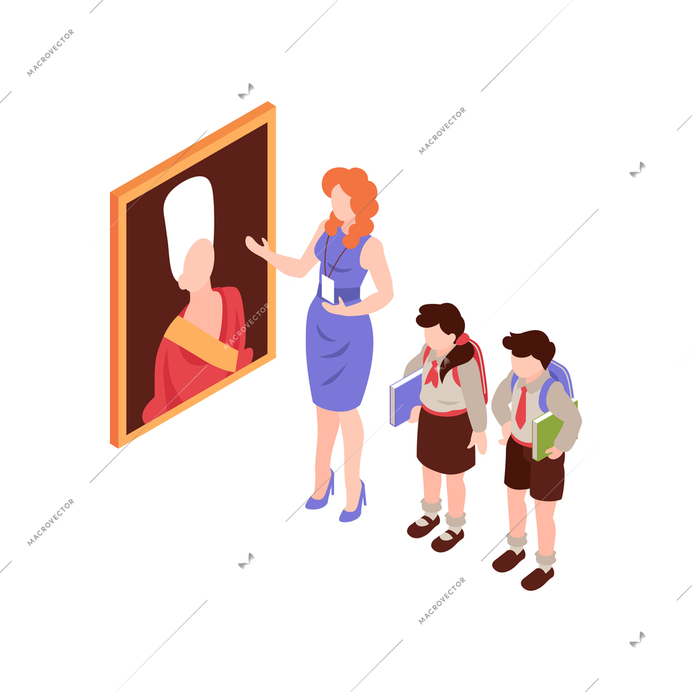 Female guide showing painting to pupils at art gallery 3d isometric vector illustration