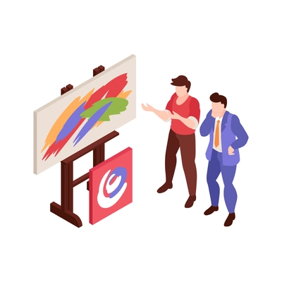 Two men at modern art gallery 3d isometric vector illustration