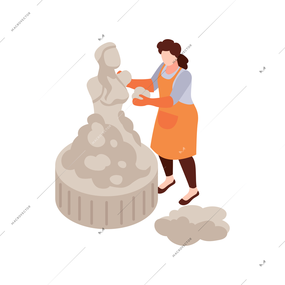 Woman sculptor making stone statue 3d isometric vector illustration