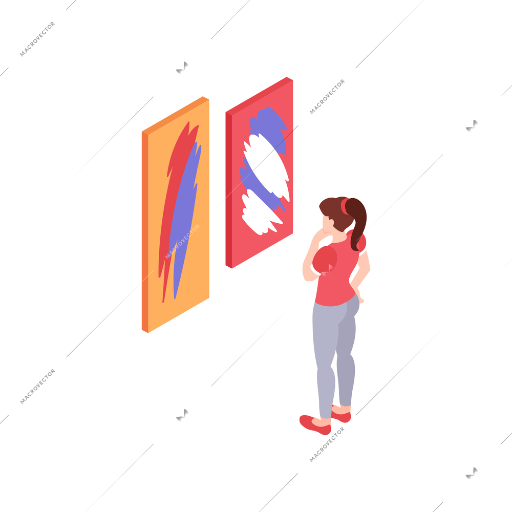Female character looking at colorful painting on art exhibition 3d isometric vector illustration