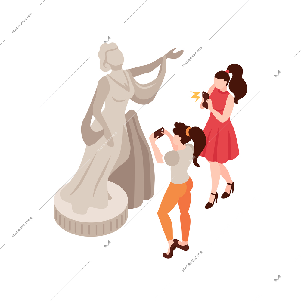 Women taking photo of statue in museum 3d isometric vector illustration