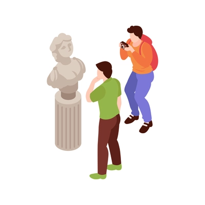People watching and taking photo of stone bust in museum 3d isometric vector illustration