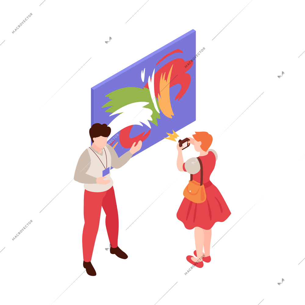 Woman taking photo of modern painting in art gallery 3d isometric vector illustration