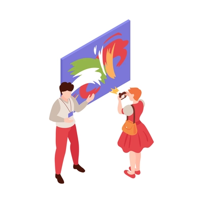 Woman taking photo of modern painting in art gallery 3d isometric vector illustration