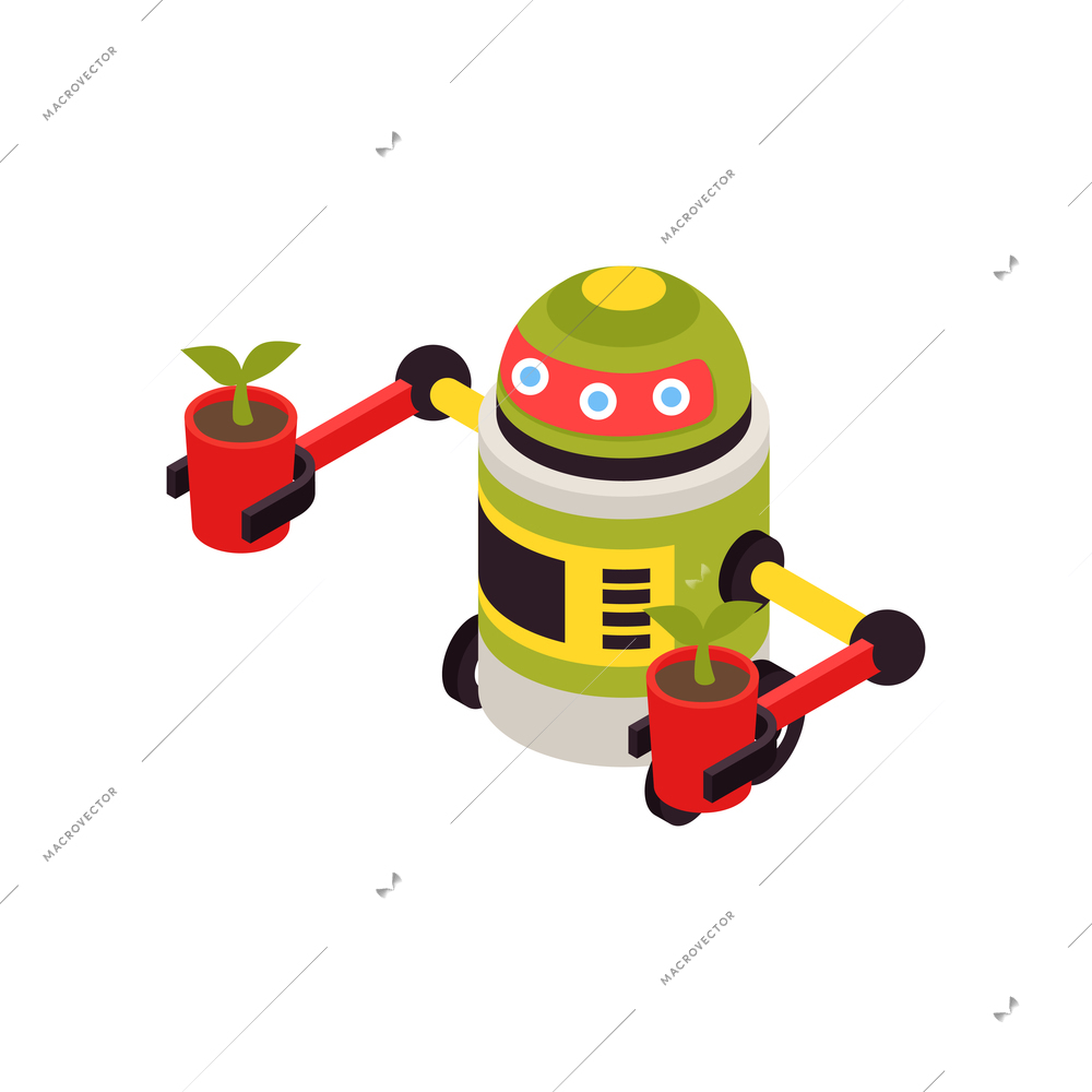 Smart farm isometric icon with robot holding potted plants 3d vector illustration
