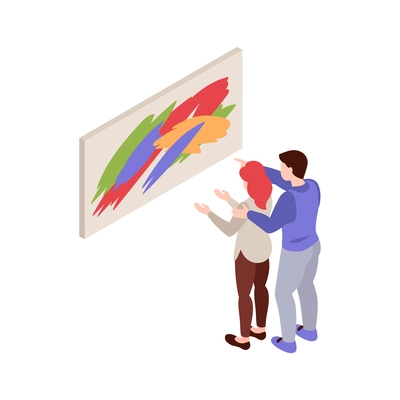 Art gallery visitors and painting on wall 3d isometric vector illustration