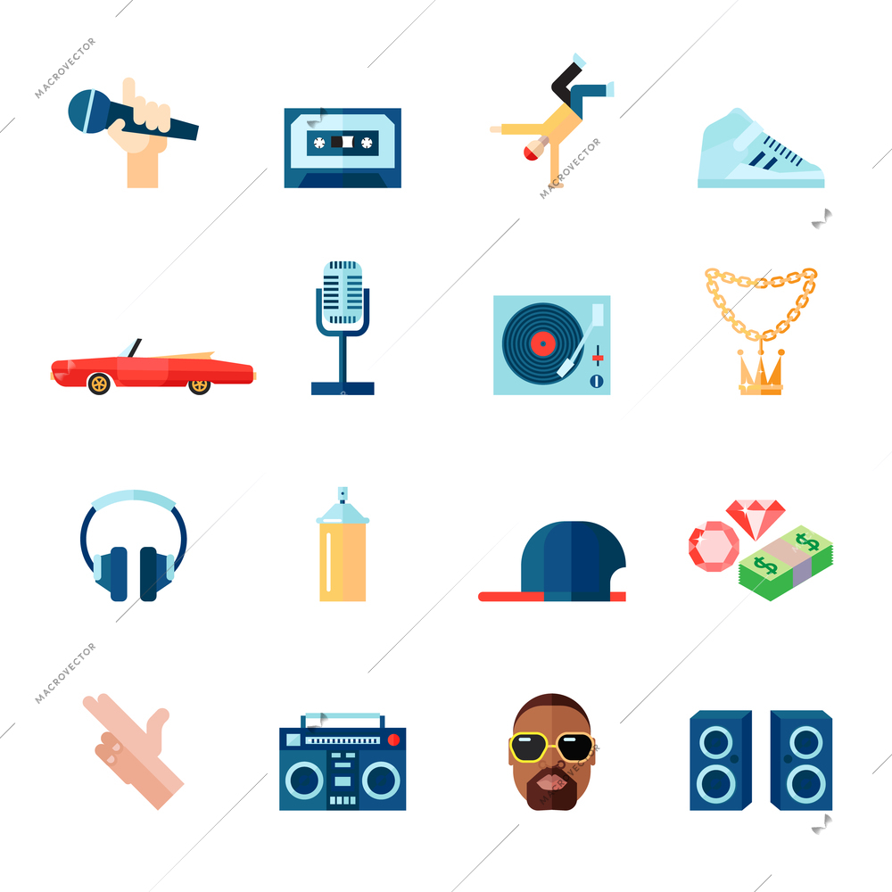 Rap hip-hop singing music flat icons set isolated vector illustration