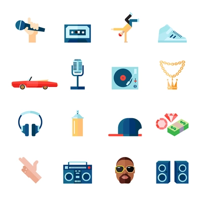 Rap hip-hop singing music flat icons set isolated vector illustration