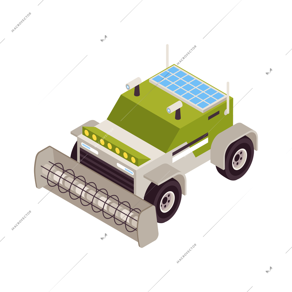 Isometric smart farm vehicle for gathering crops on white background vector illustration