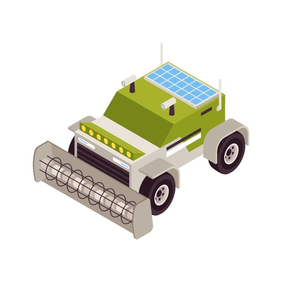 Isometric smart farm vehicle for gathering crops on white background vector illustration