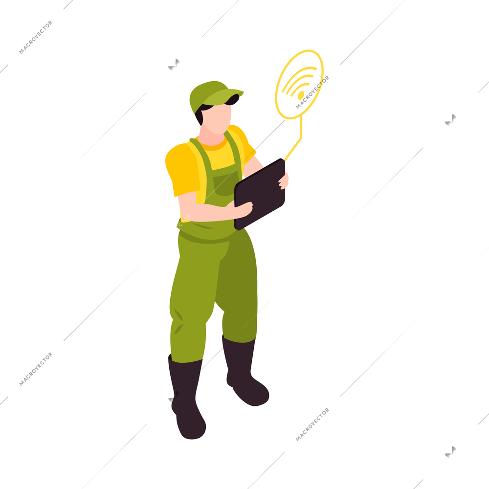 Isometric icon with character of farmer using smart technology for farming vector illustration