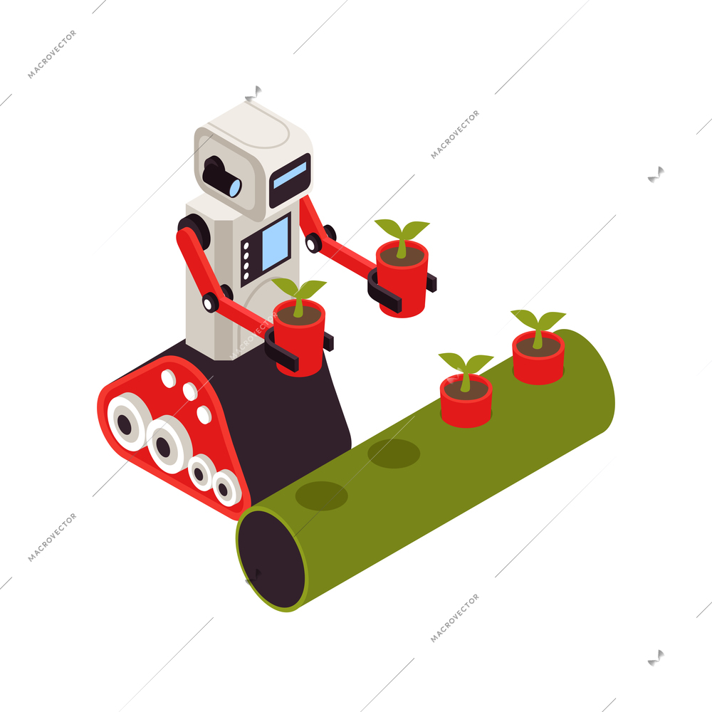 Smart farm isometric icon with robot growing plants vector illustration