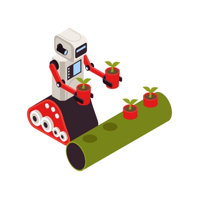 Smart farm isometric icon with robot growing plants vector illustration