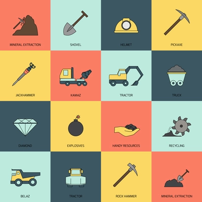 Mining and mineral extraction flat icons line isolated vector illustration