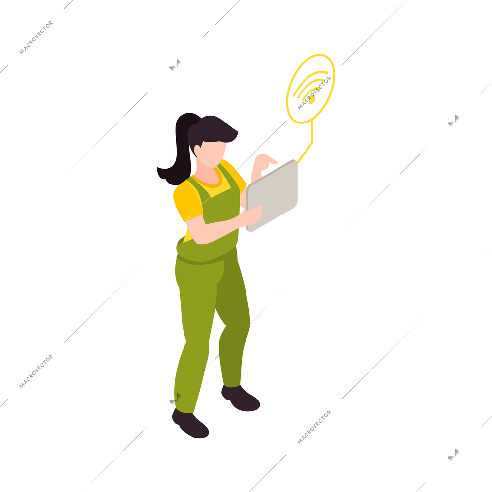 Female farmer using wireless device for remiote control isometric vector illustration