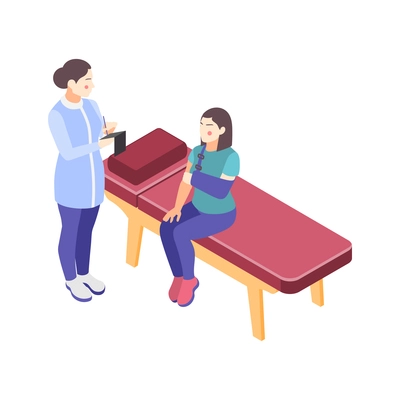 Isometric orthopedics clinic icon of doctor and woman with broken arm in sling 3d vector illustration