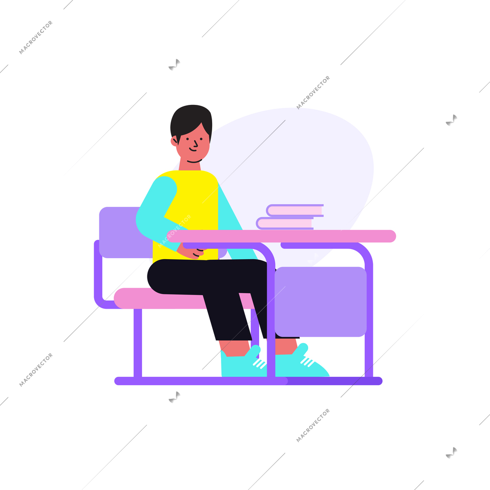 School pupil sitting at desk flat vector illustration