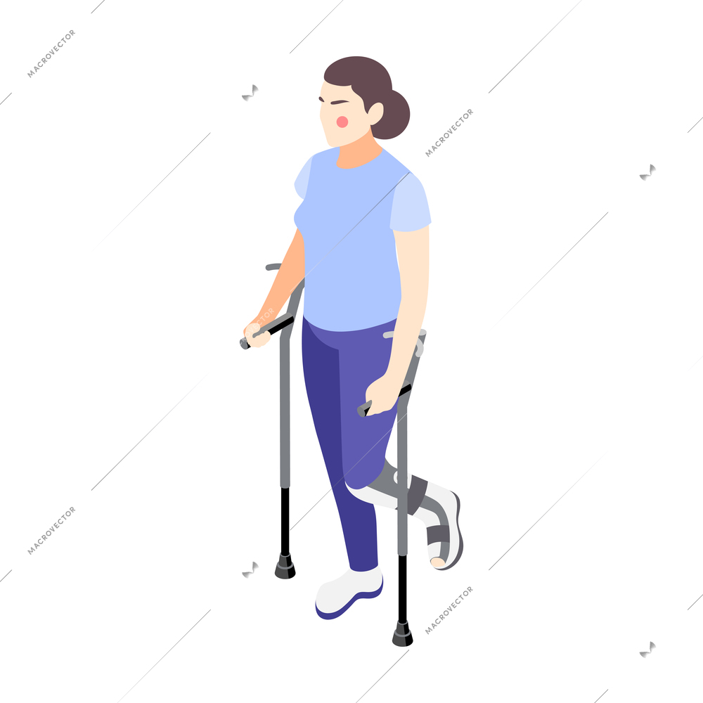 Isometric woman character with crutches icon on white background 3d vector illustration