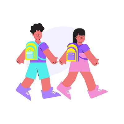 Pupils walking with backpacks flat vector illustration