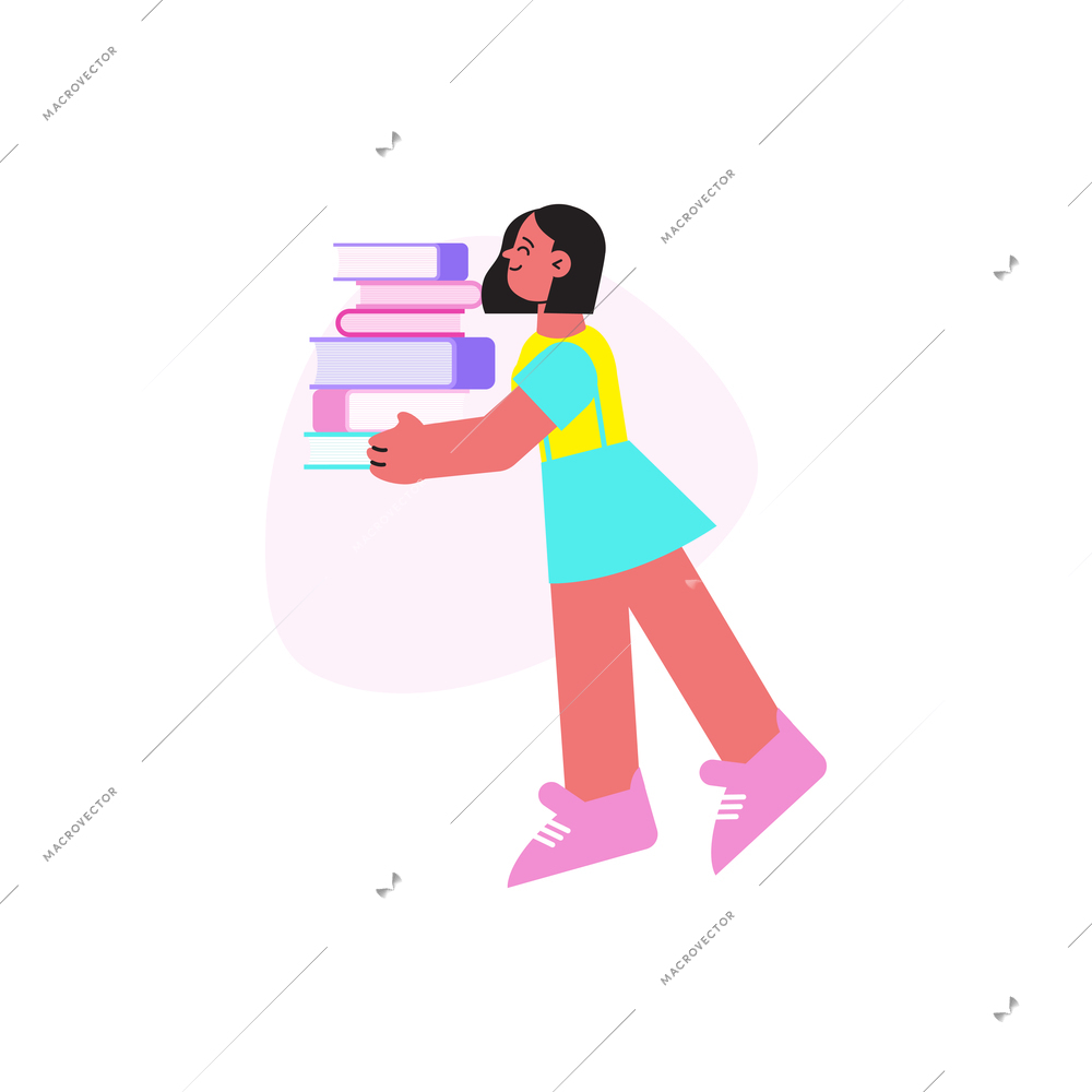 Girl pupil with stack of books flat vector illustration