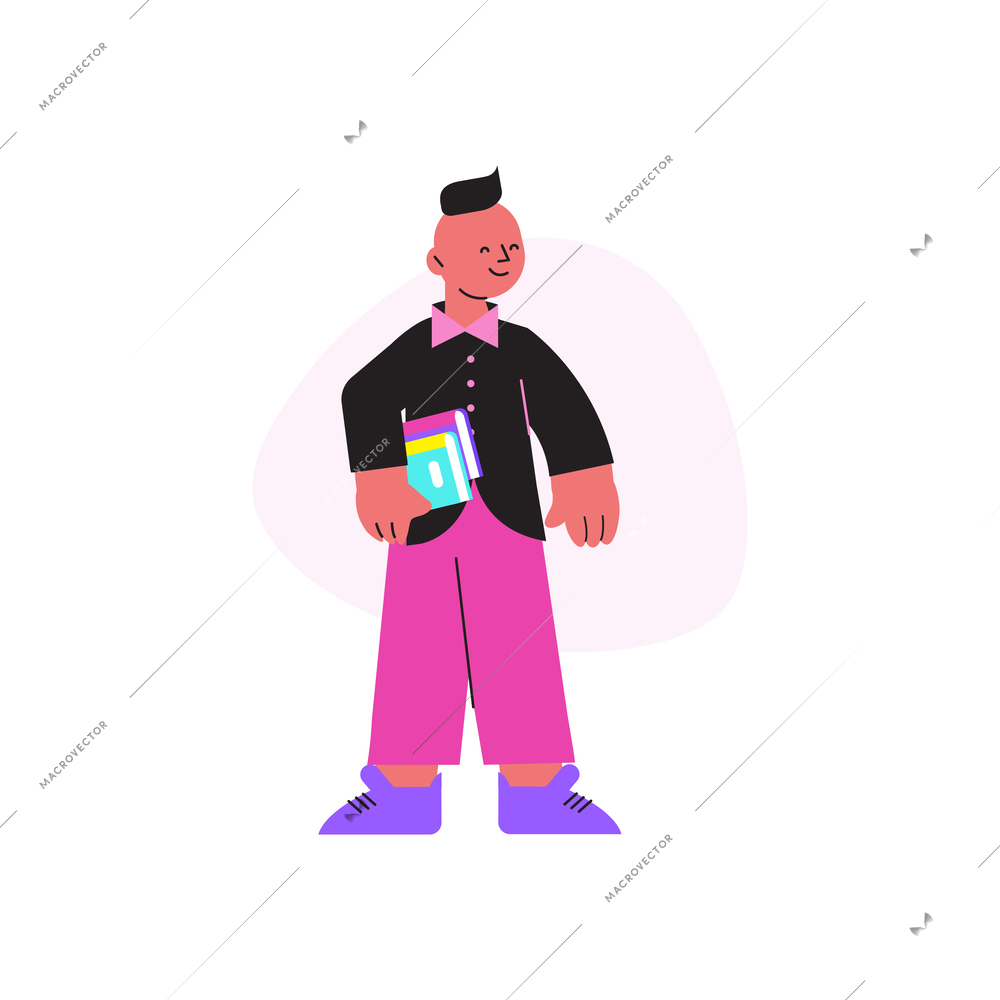 Pupil with trendy haircut and stack of books flat vector illustration