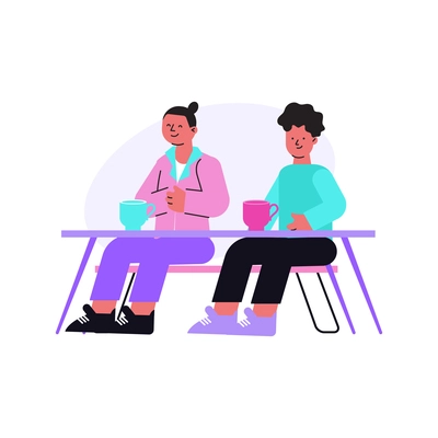 Two students with cups in canteen flat vector illustration