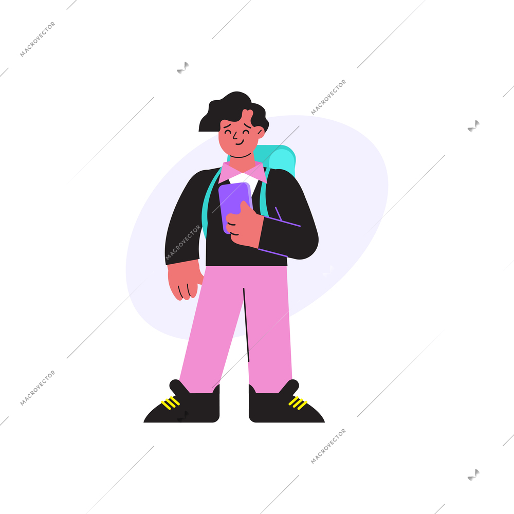 Smiling student character with school bag flat vector illustration