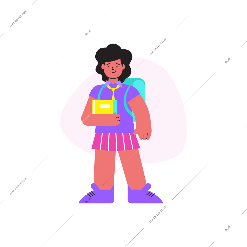 Flat school girl holding books and backpack vector illustration