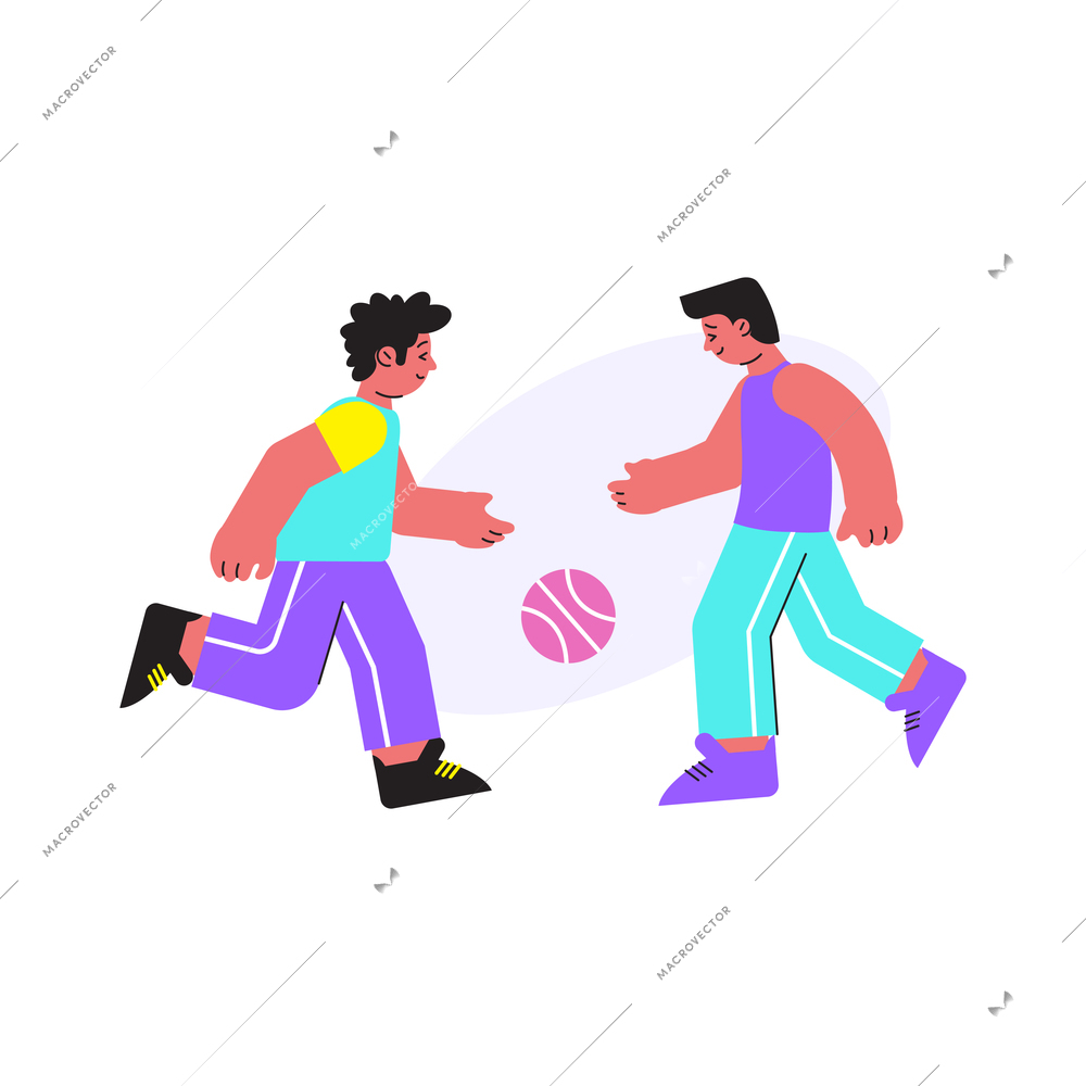 Two pupils playing football at physical education lesson flat vector illustration