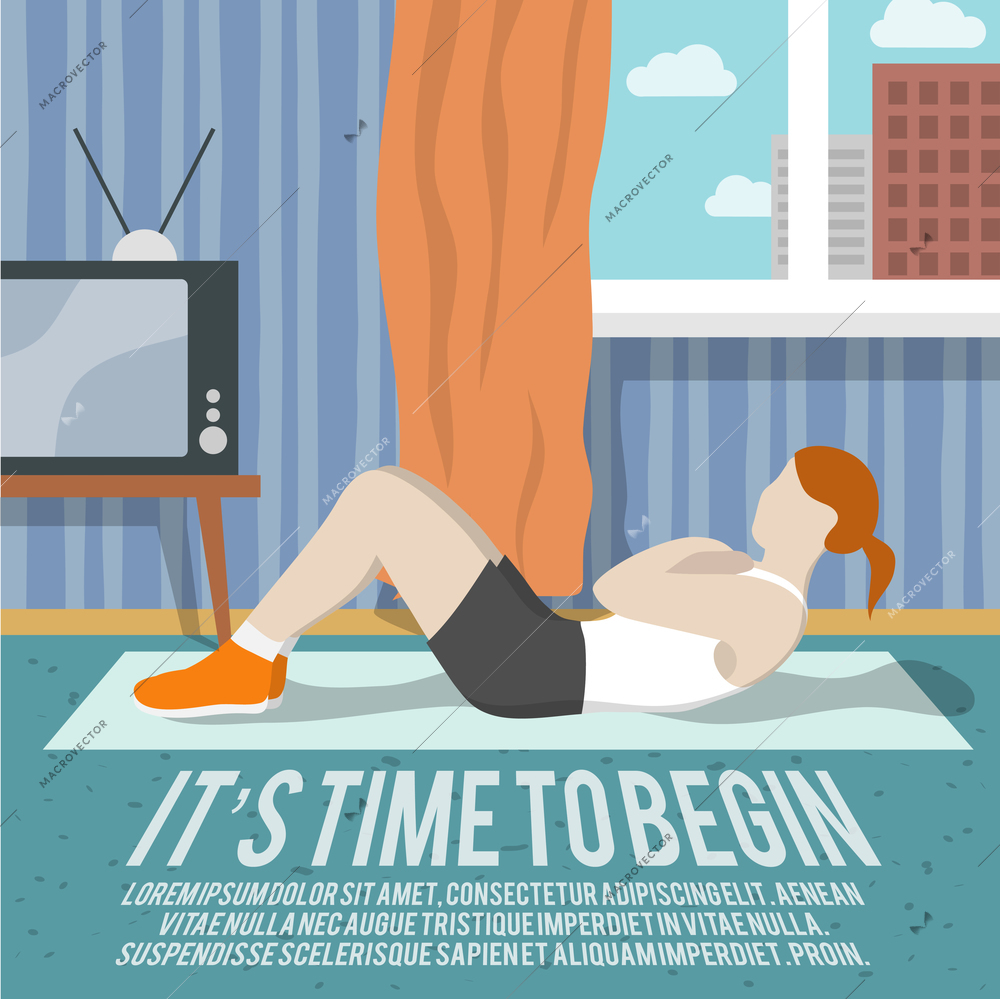 Abs training woman at home sport fitness lifestyle time to begin poster vector illustration