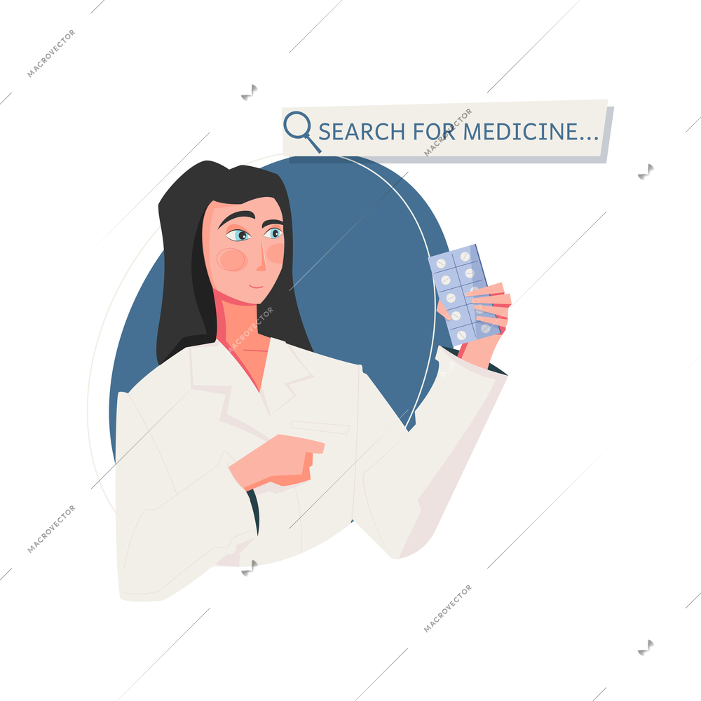 Woman searching for medicine in online shop flat vector illustration