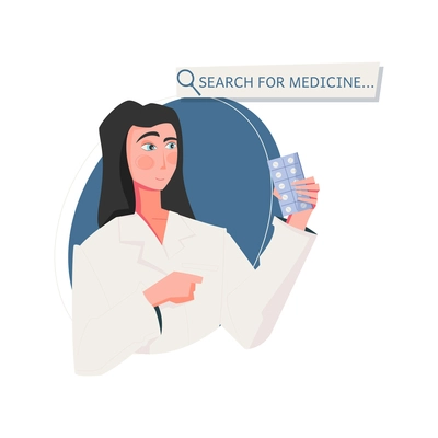 Woman searching for medicine in online shop flat vector illustration