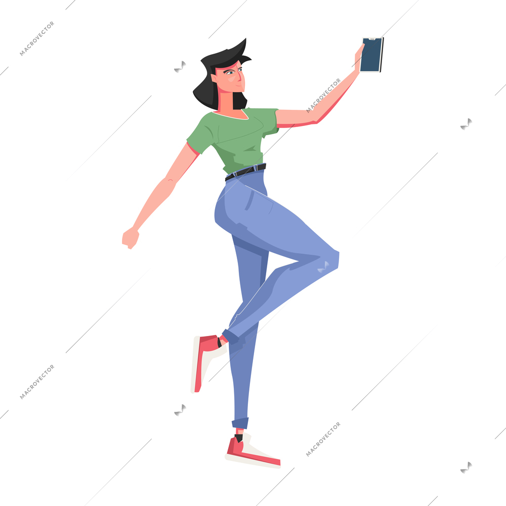 Woman wearing green t-shirt and jeans holding smartphone flat icon vector illustration