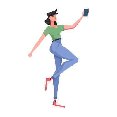 Woman wearing green t-shirt and jeans holding smartphone flat icon vector illustration