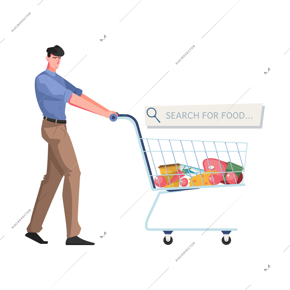 Flat online shop concept with man and cart with products vector illustration