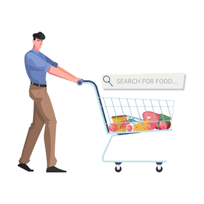 Flat online shop concept with man and cart with products vector illustration