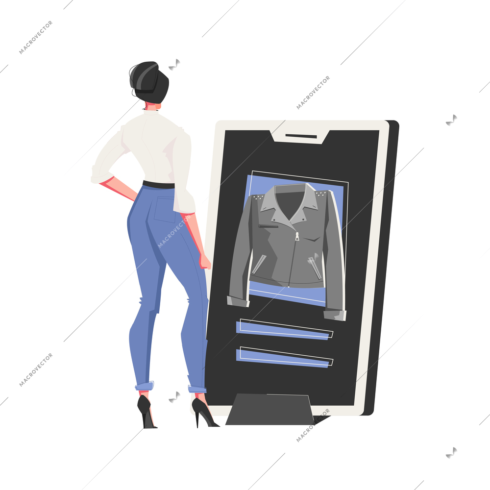 Woman buying leather jacket in online shop flat vector illustration
