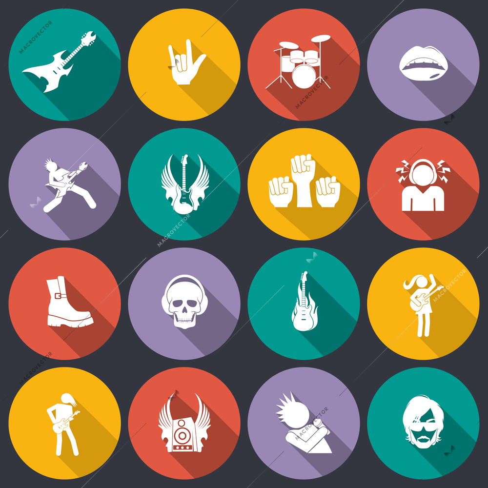 Rock concert music event flat icons isolated vector illustration