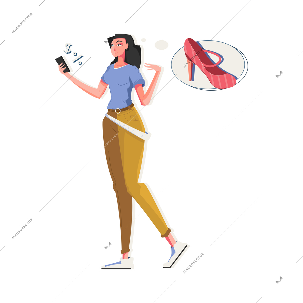 Online shop flat concept with woman buying elegant red shoes vector illustration