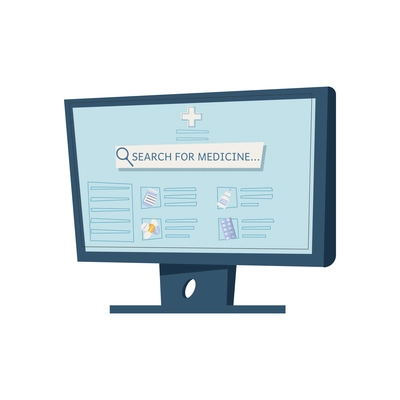 Computer monitor with online drug store flat vector illustration