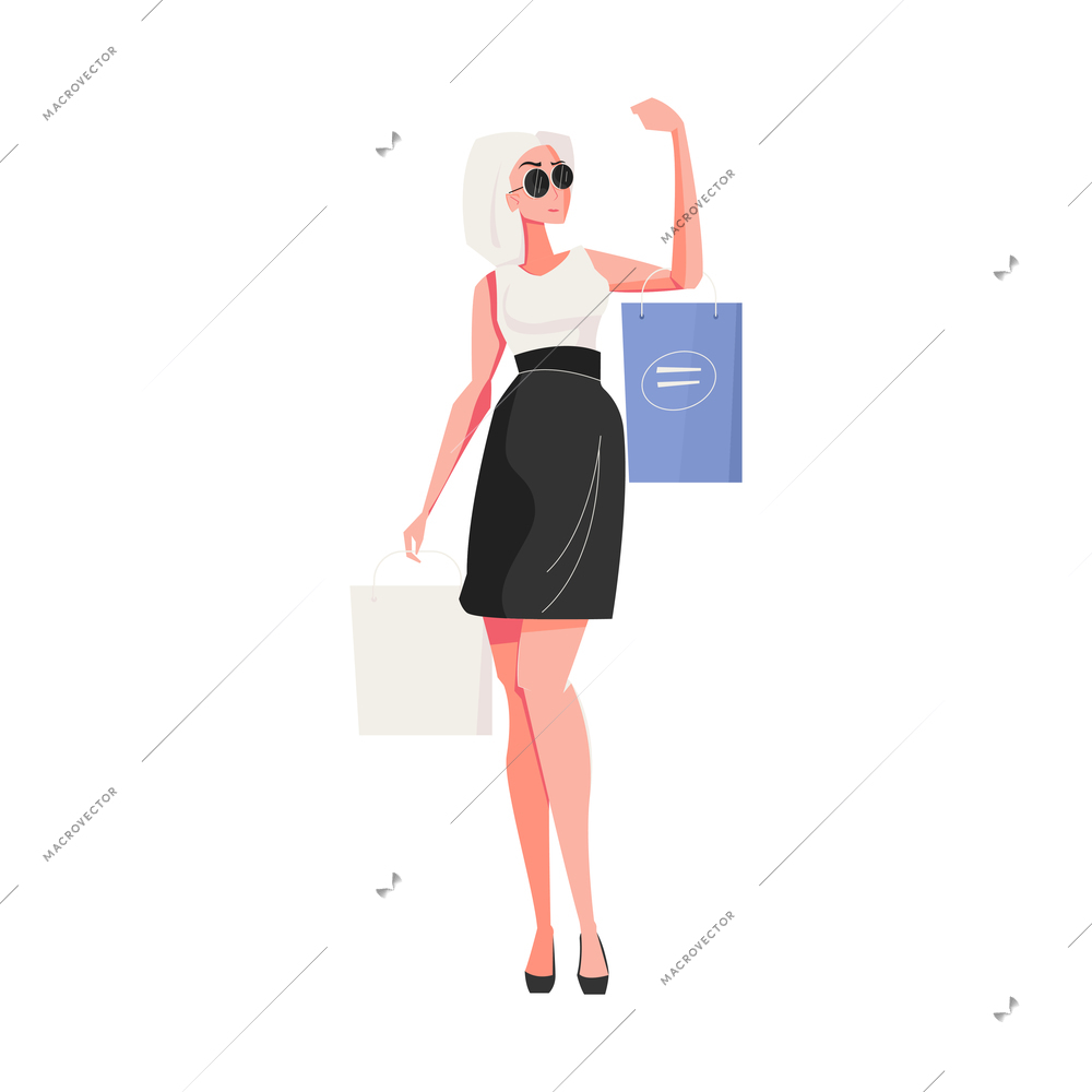 Fashionable woman with shopping bags on white background flat vector illustration