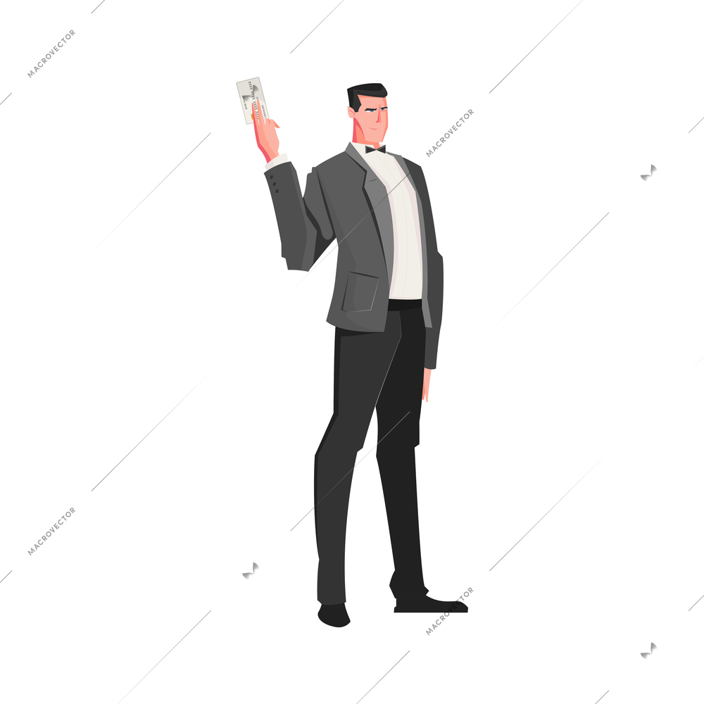 Serious businessman in suit holding plastic card flat icon vector illustration