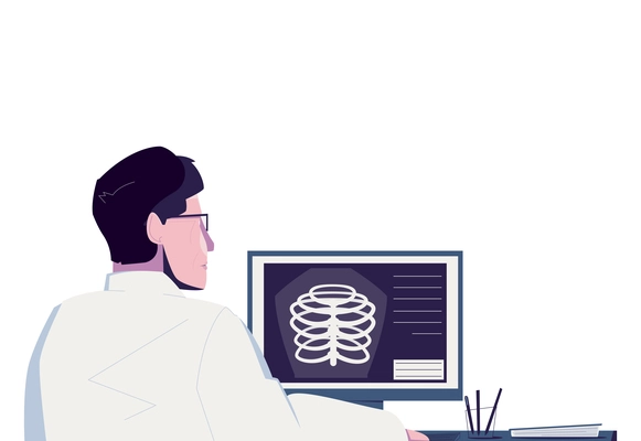 Male doctor looking at x-ray photo on computer flat vector illustration