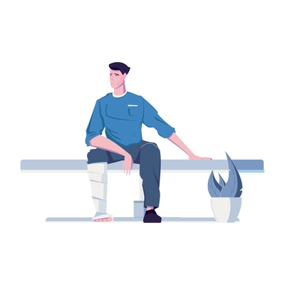 Man with leg in plaster cast sitting in clinic flat icon vector illustration
