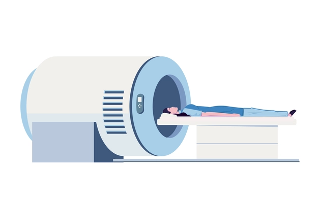 Flat icon of woman at magnetic resonance examination in clinic vector illustration