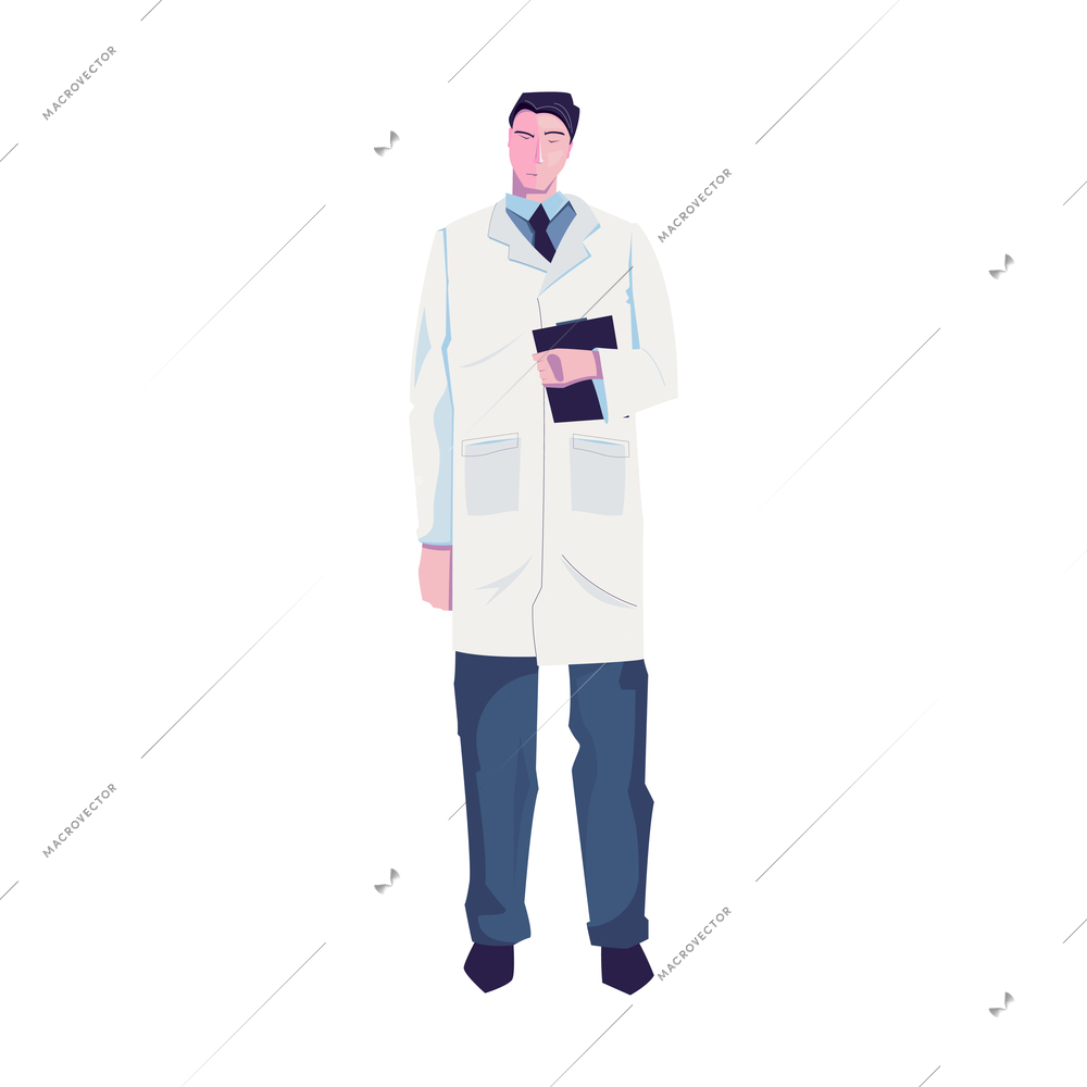 Flat character of tired doctor in lab coat on white background vector illustration