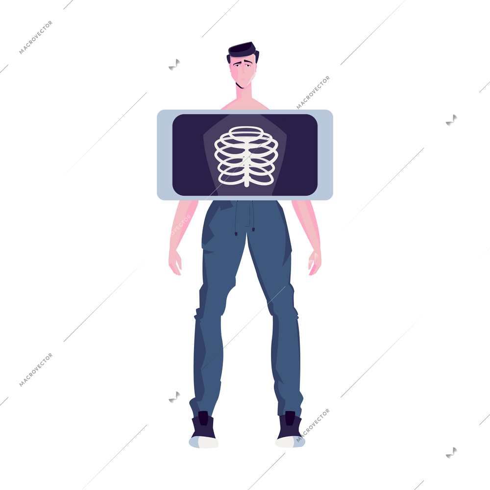 Man having his chest x-rayed in medical clinic flat icon vector illustration