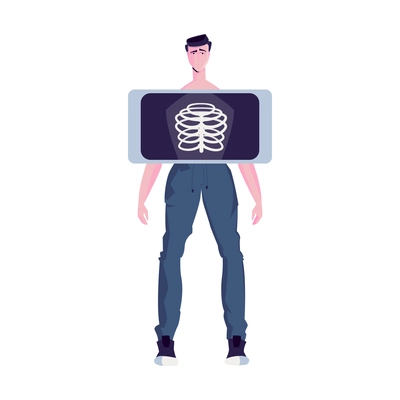 Man having his chest x-rayed in medical clinic flat icon vector illustration