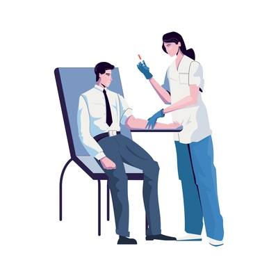 Hospital nurse doing injection to man flat vector illustration