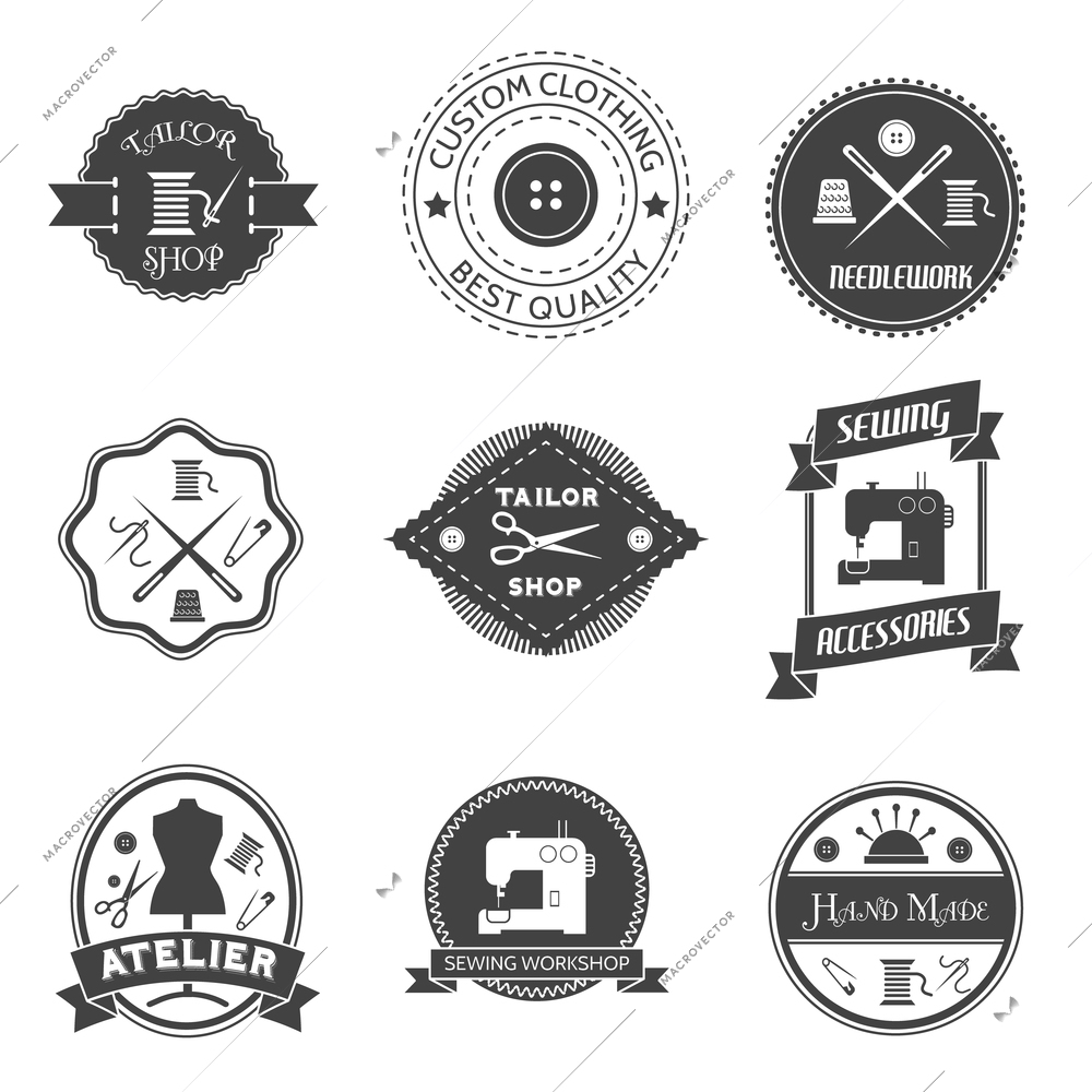 Sewing equipment atelier tailor shop label set isolated vector illustration